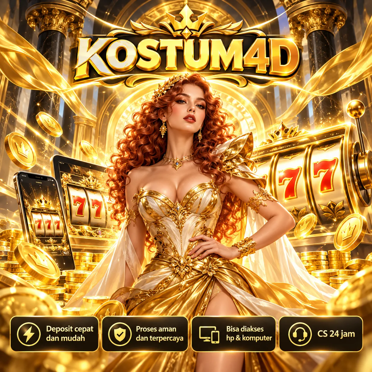 Ilustrasi visual KOSTUM4D variasi 2, menampilkan tema emas, merah dan fantasi